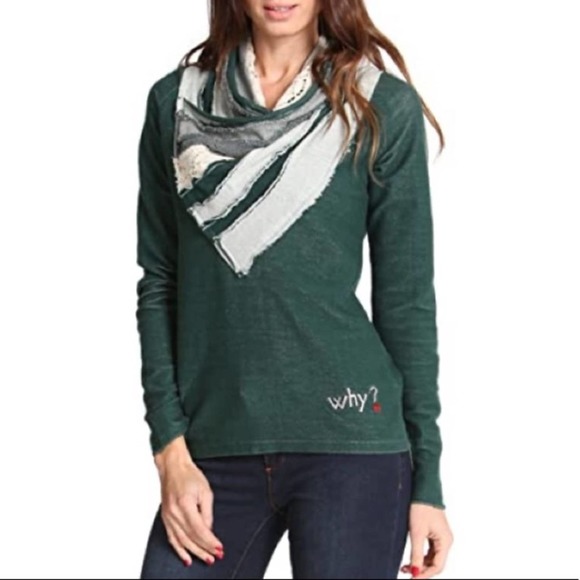 Desigual Tops - Desigual Shawl Neck Mixed Pattern Lace Green/Cream Long Sleeve Knit Top